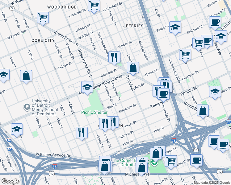 map of restaurants, bars, coffee shops, grocery stores, and more near 3413 Cochrane Street in Detroit