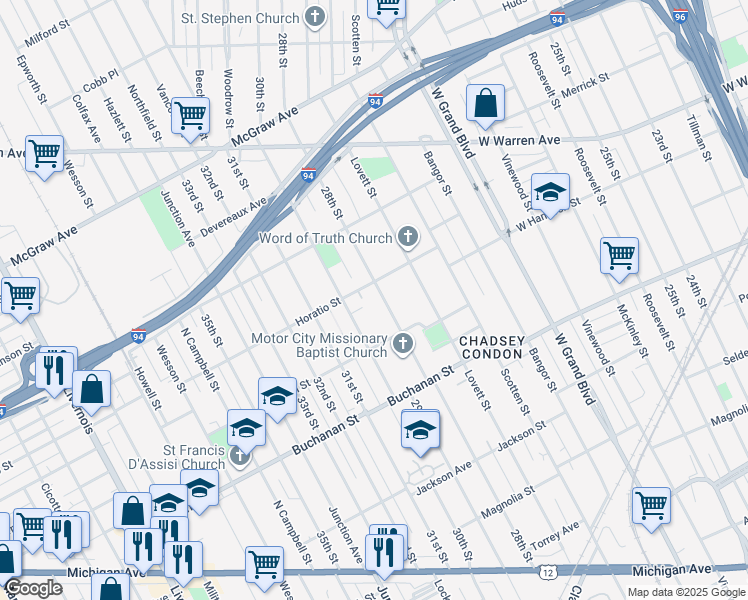 map of restaurants, bars, coffee shops, grocery stores, and more near 4921 28th Street in Detroit