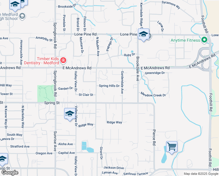 map of restaurants, bars, coffee shops, grocery stores, and more near 2900 Spring Hills Drive in Medford