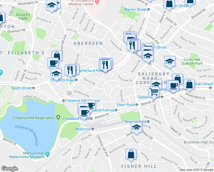 map of restaurants, bars, coffee shops, grocery stores, and more near 52 Lanark Rd in Brighton