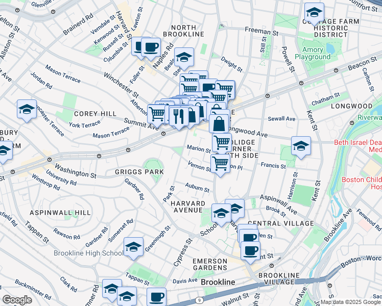 map of restaurants, bars, coffee shops, grocery stores, and more near in Brookline
