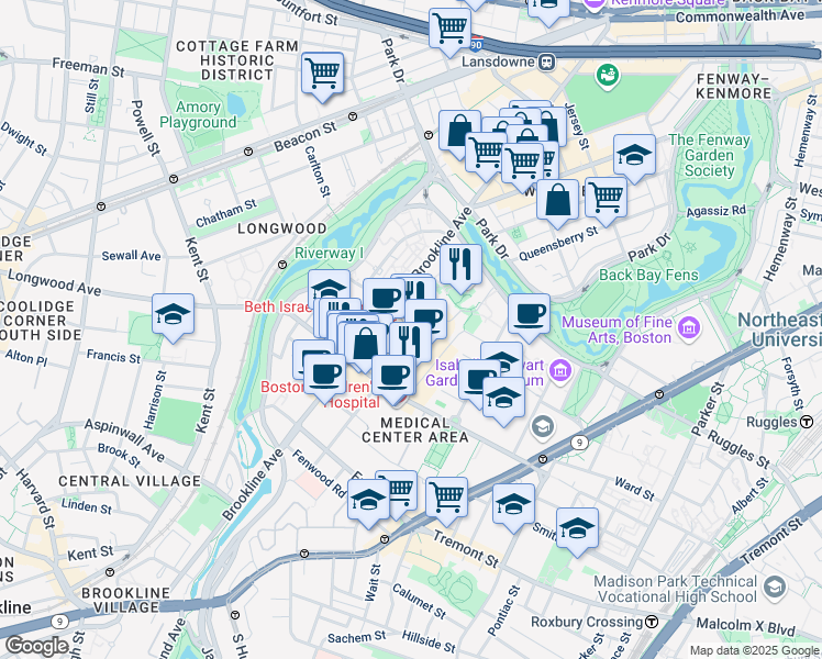 map of restaurants, bars, coffee shops, grocery stores, and more near 330 Brookline Avenue in Boston