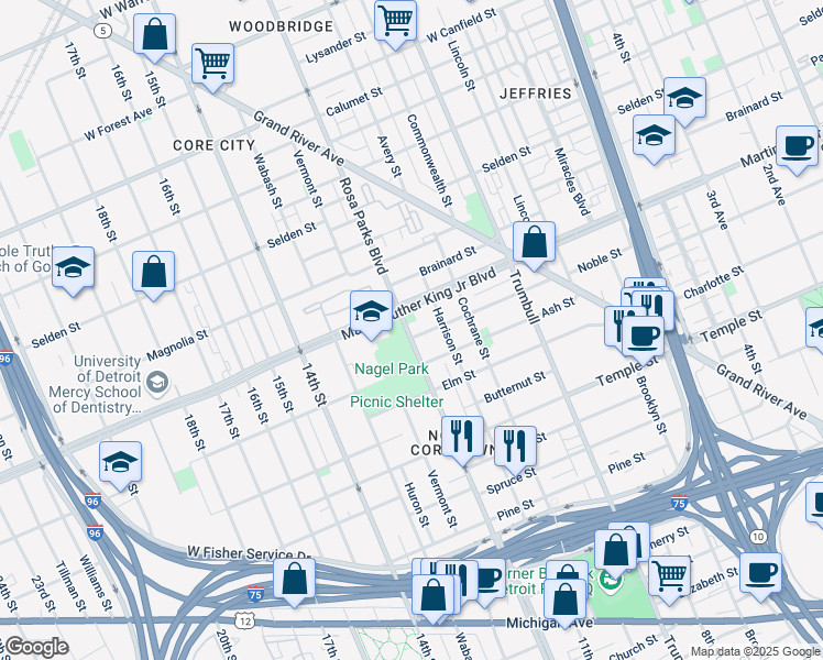 map of restaurants, bars, coffee shops, grocery stores, and more near 3410 Rosa Parks Boulevard in Detroit