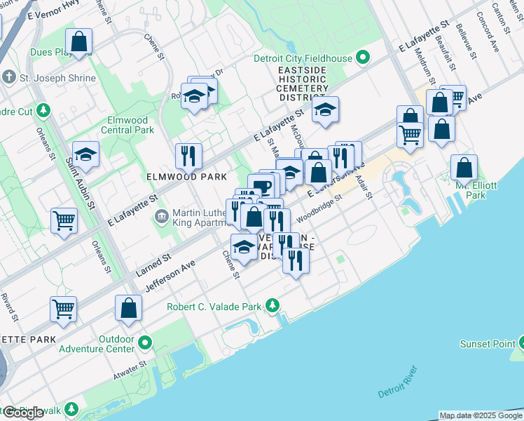 map of restaurants, bars, coffee shops, grocery stores, and more near 2761 East Jefferson in Detroit