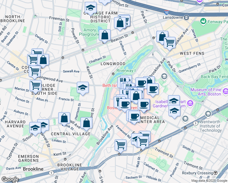 map of restaurants, bars, coffee shops, grocery stores, and more near 1 Autumn Street in Boston