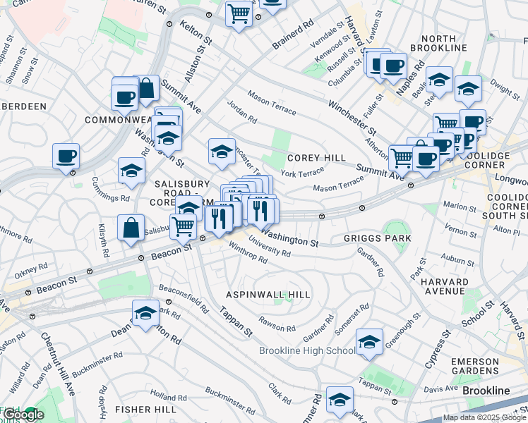 map of restaurants, bars, coffee shops, grocery stores, and more near 25 Westbourne Terrace in Brookline