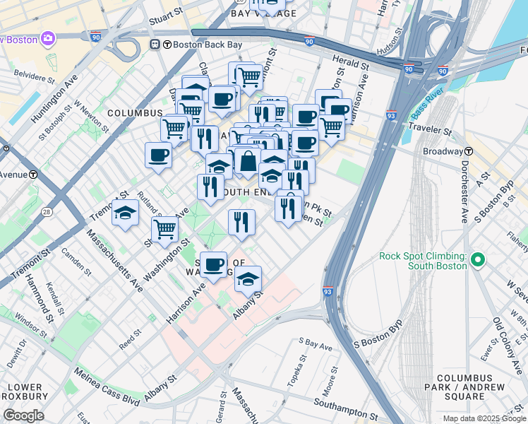 map of restaurants, bars, coffee shops, grocery stores, and more near 601 Harrison Avenue in Boston