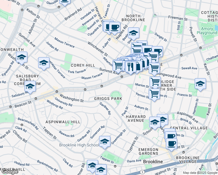 map of restaurants, bars, coffee shops, grocery stores, and more near 1443 Beacon Street in Brookline