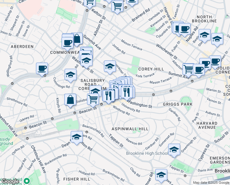 map of restaurants, bars, coffee shops, grocery stores, and more near 50 Westbourne Terrace in Brookline