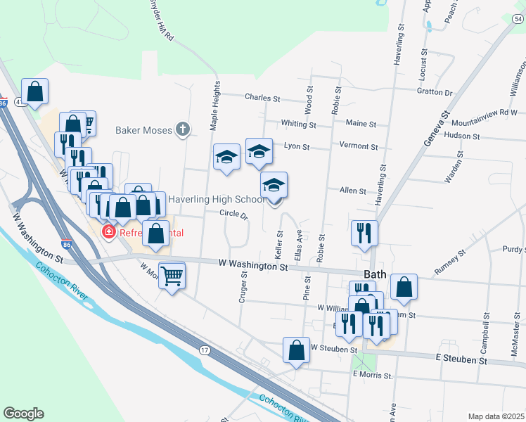 map of restaurants, bars, coffee shops, grocery stores, and more near 25 Ellas Avenue in Bath