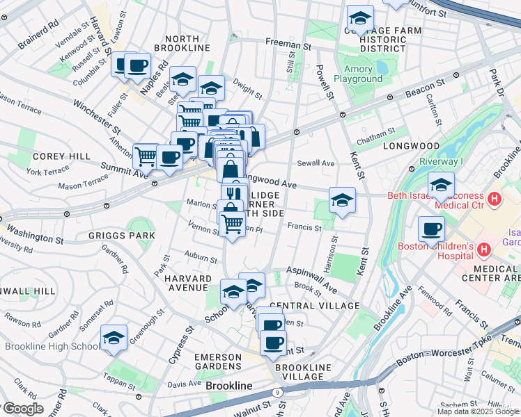 map of restaurants, bars, coffee shops, grocery stores, and more near 20 Stearns Road in Brookline