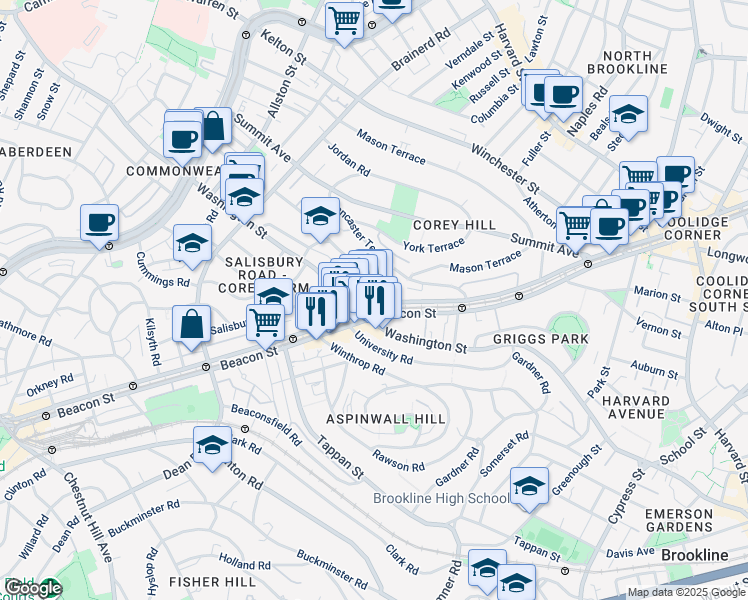 map of restaurants, bars, coffee shops, grocery stores, and more near 1618 Beacon Street in Brookline