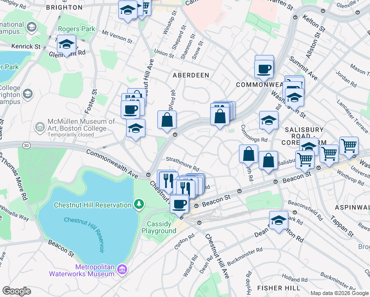 map of restaurants, bars, coffee shops, grocery stores, and more near 8 Kinross Road in Boston