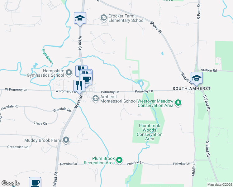 map of restaurants, bars, coffee shops, grocery stores, and more near 90 Pomeroy Lane in Amherst