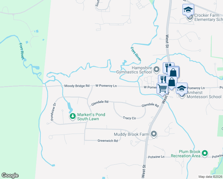 map of restaurants, bars, coffee shops, grocery stores, and more near 166 West Pomeroy Lane in Amherst