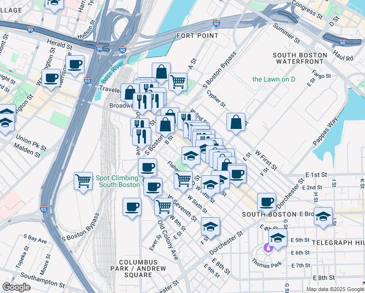 map of restaurants, bars, coffee shops, grocery stores, and more near 3 Dalessio Court in Boston