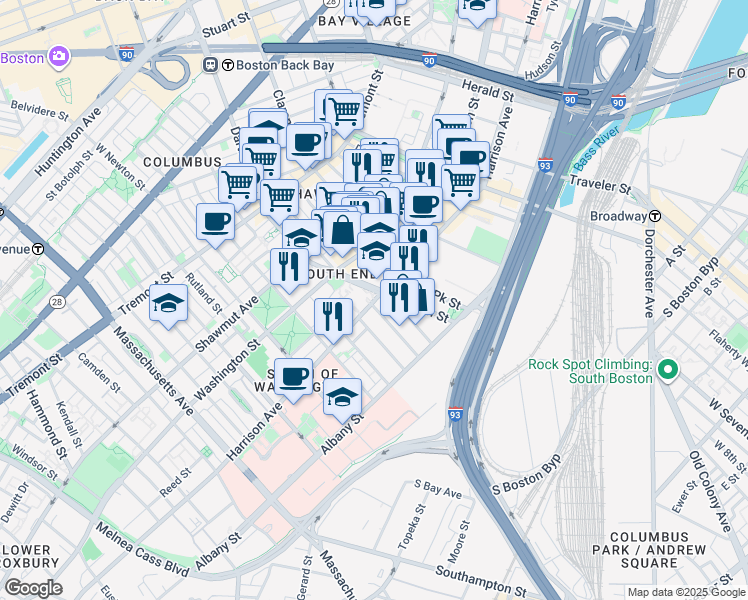 map of restaurants, bars, coffee shops, grocery stores, and more near 607 Harrison Avenue in Boston
