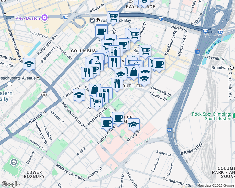 map of restaurants, bars, coffee shops, grocery stores, and more near 1525 Washington Street in Boston