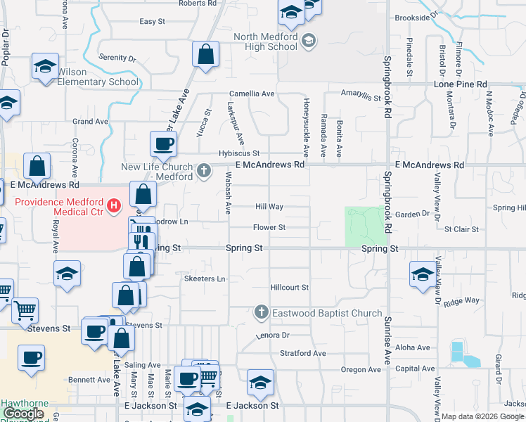 map of restaurants, bars, coffee shops, grocery stores, and more near 2122 Hill Way in Medford