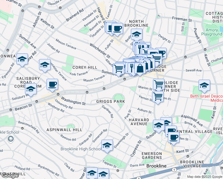 map of restaurants, bars, coffee shops, grocery stores, and more near 1443 Beacon Street in Brookline