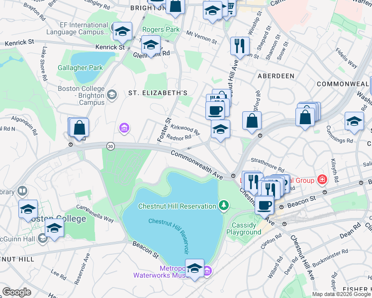 map of restaurants, bars, coffee shops, grocery stores, and more near 49 Radnor Road in Boston