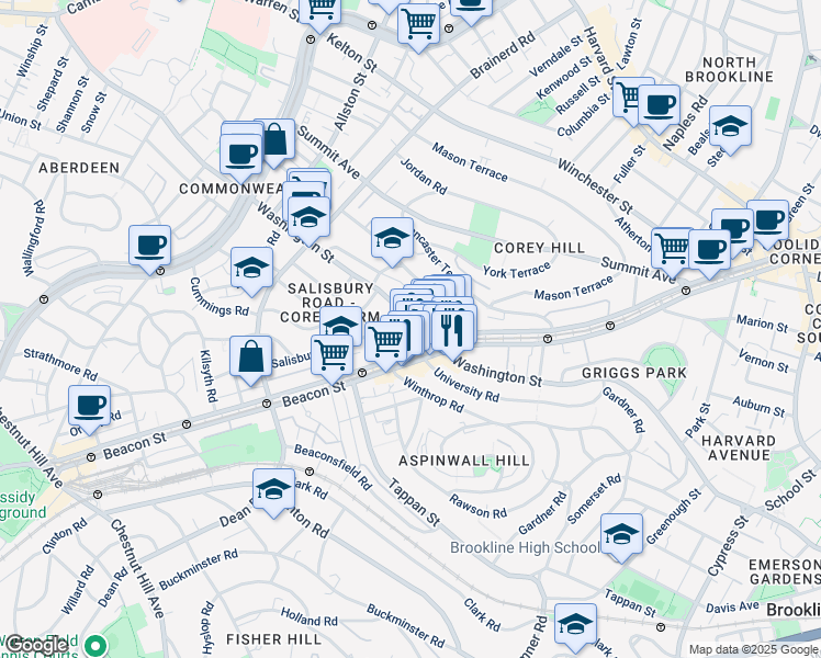 map of restaurants, bars, coffee shops, grocery stores, and more near 726 Washington Street in Brookline