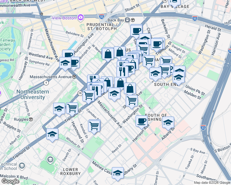 map of restaurants, bars, coffee shops, grocery stores, and more near 154 West Concord Street in Boston