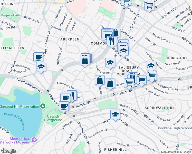 map of restaurants, bars, coffee shops, grocery stores, and more near 36 Cummings Road in Boston