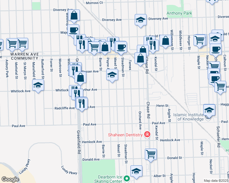 map of restaurants, bars, coffee shops, grocery stores, and more near 6801 Mead Street in Dearborn
