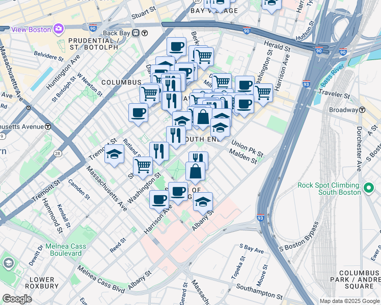 map of restaurants, bars, coffee shops, grocery stores, and more near 1486 Washington Street in Boston