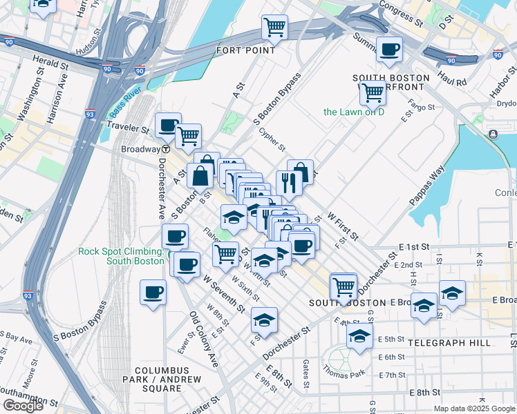 map of restaurants, bars, coffee shops, grocery stores, and more near 120 Bolton Street in Boston