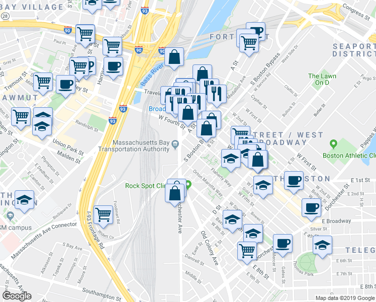 map of restaurants, bars, coffee shops, grocery stores, and more near 10 West Fifth Street in Boston