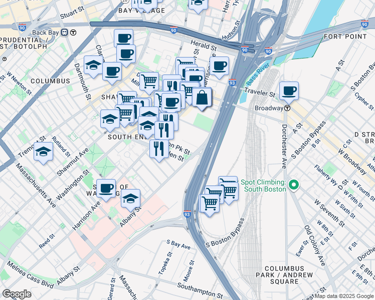 map of restaurants, bars, coffee shops, grocery stores, and more near 580 Harrison Avenue in Boston