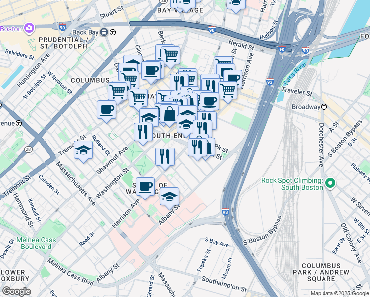 map of restaurants, bars, coffee shops, grocery stores, and more near 75 Union Park Street in Boston
