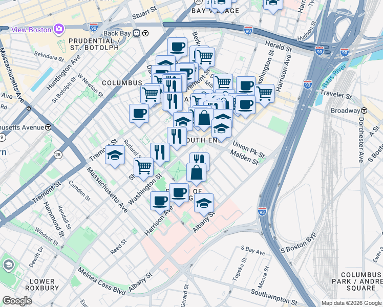 map of restaurants, bars, coffee shops, grocery stores, and more near in Boston