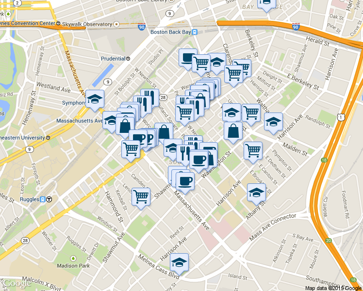 map of restaurants, bars, coffee shops, grocery stores, and more near 708 Tremont Street in Boston