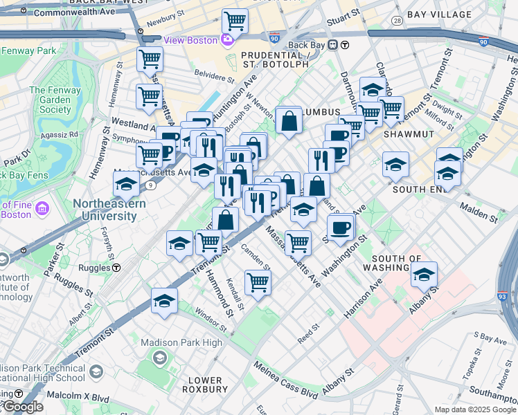 map of restaurants, bars, coffee shops, grocery stores, and more near 212 West Springfield Street in Boston