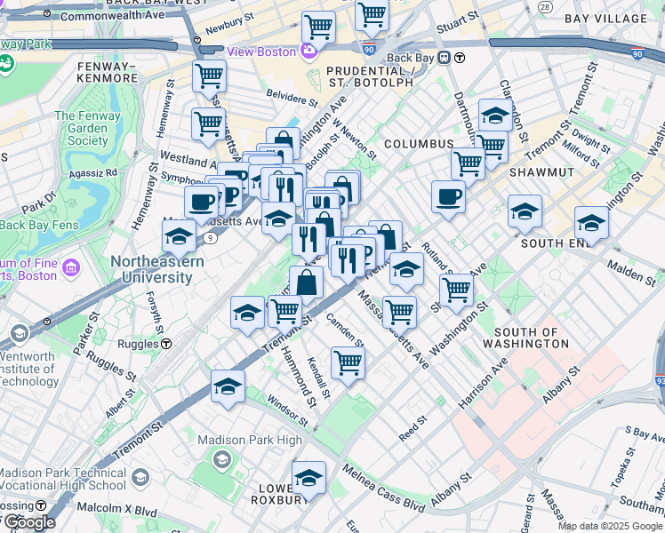 map of restaurants, bars, coffee shops, grocery stores, and more near in Boston