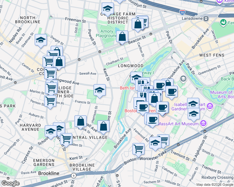 map of restaurants, bars, coffee shops, grocery stores, and more near in Brookline