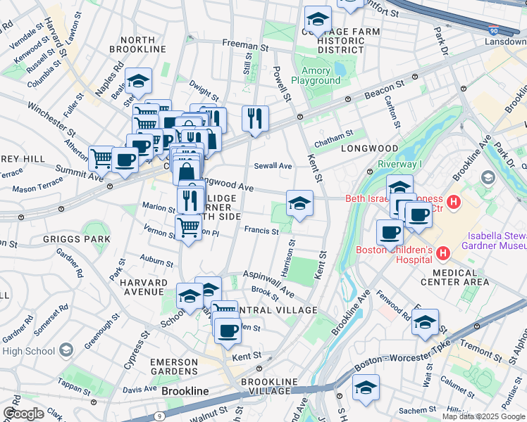 map of restaurants, bars, coffee shops, grocery stores, and more near 89 Longwood Avenue in Brookline