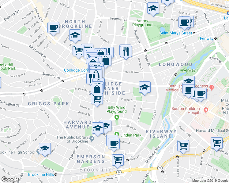 map of restaurants, bars, coffee shops, grocery stores, and more near 118 Saint Paul Street in Brookline