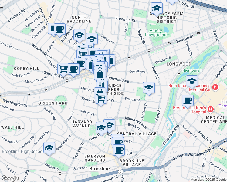 map of restaurants, bars, coffee shops, grocery stores, and more near 20 Stearns Road in Brookline