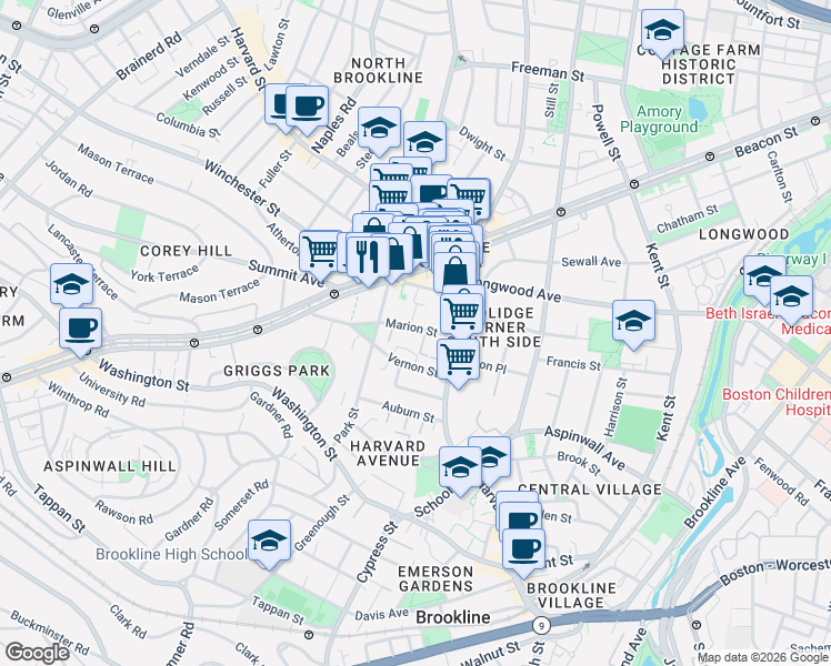 map of restaurants, bars, coffee shops, grocery stores, and more near in Brookline