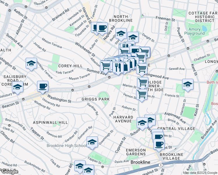 map of restaurants, bars, coffee shops, grocery stores, and more near 89 Marion Street in Brookline