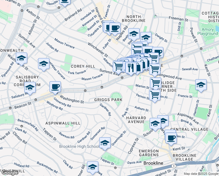 map of restaurants, bars, coffee shops, grocery stores, and more near 1443 Beacon Street in Brookline