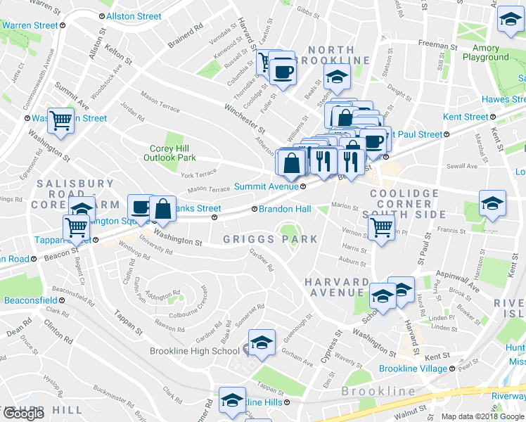 map of restaurants, bars, coffee shops, grocery stores, and more near 1476 Beacon Street in Brookline
