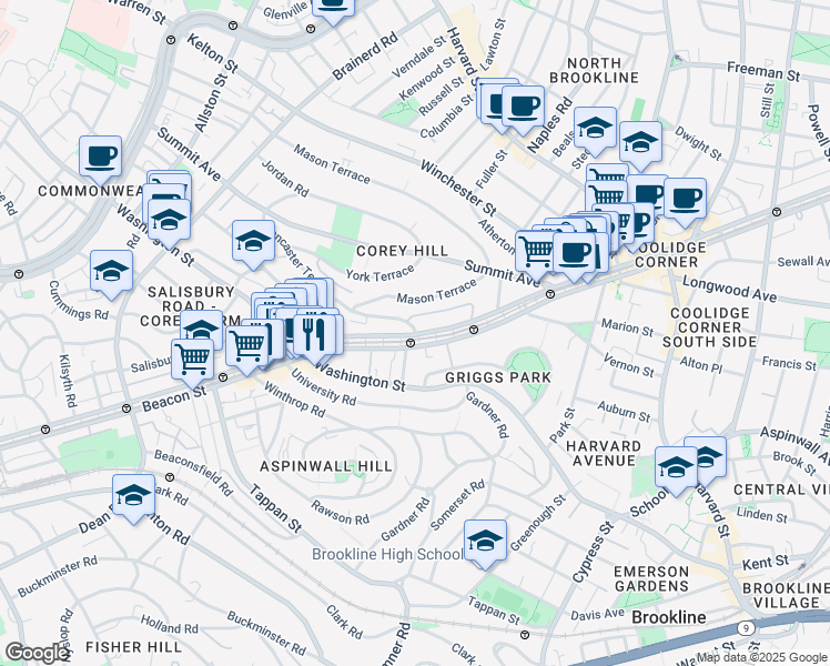 map of restaurants, bars, coffee shops, grocery stores, and more near 1530 Beacon Street in Brookline