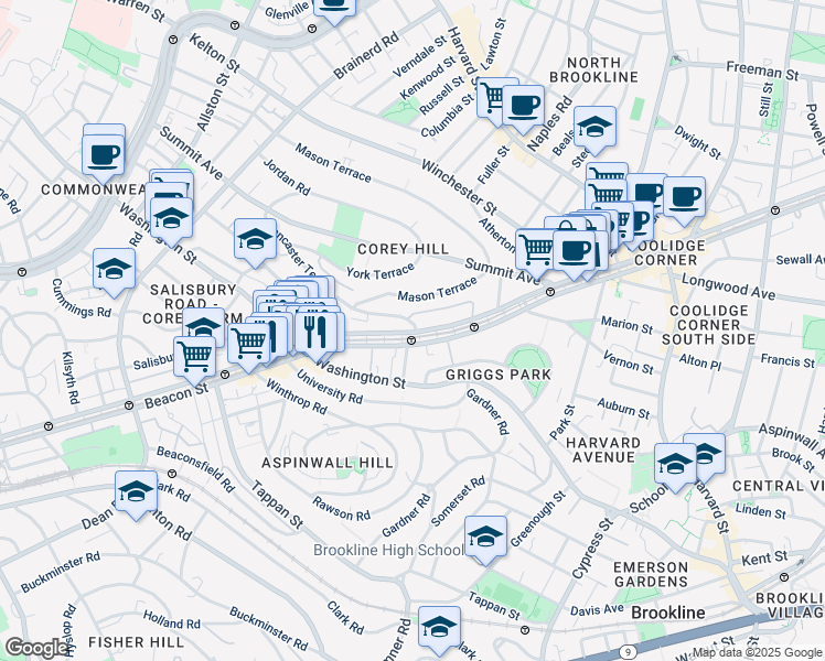 map of restaurants, bars, coffee shops, grocery stores, and more near in Brookline