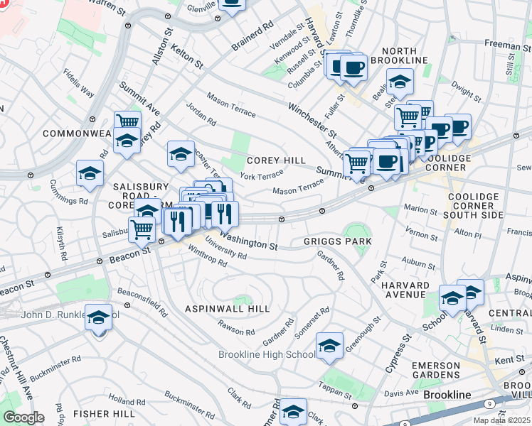 map of restaurants, bars, coffee shops, grocery stores, and more near in Brookline