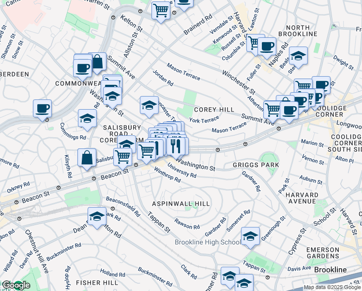 map of restaurants, bars, coffee shops, grocery stores, and more near 25 Westbourne Terrace in Brookline